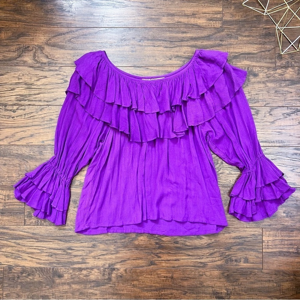 vintage • 90s BILA blouse purple rayon peasant crinkled ruffled popover top